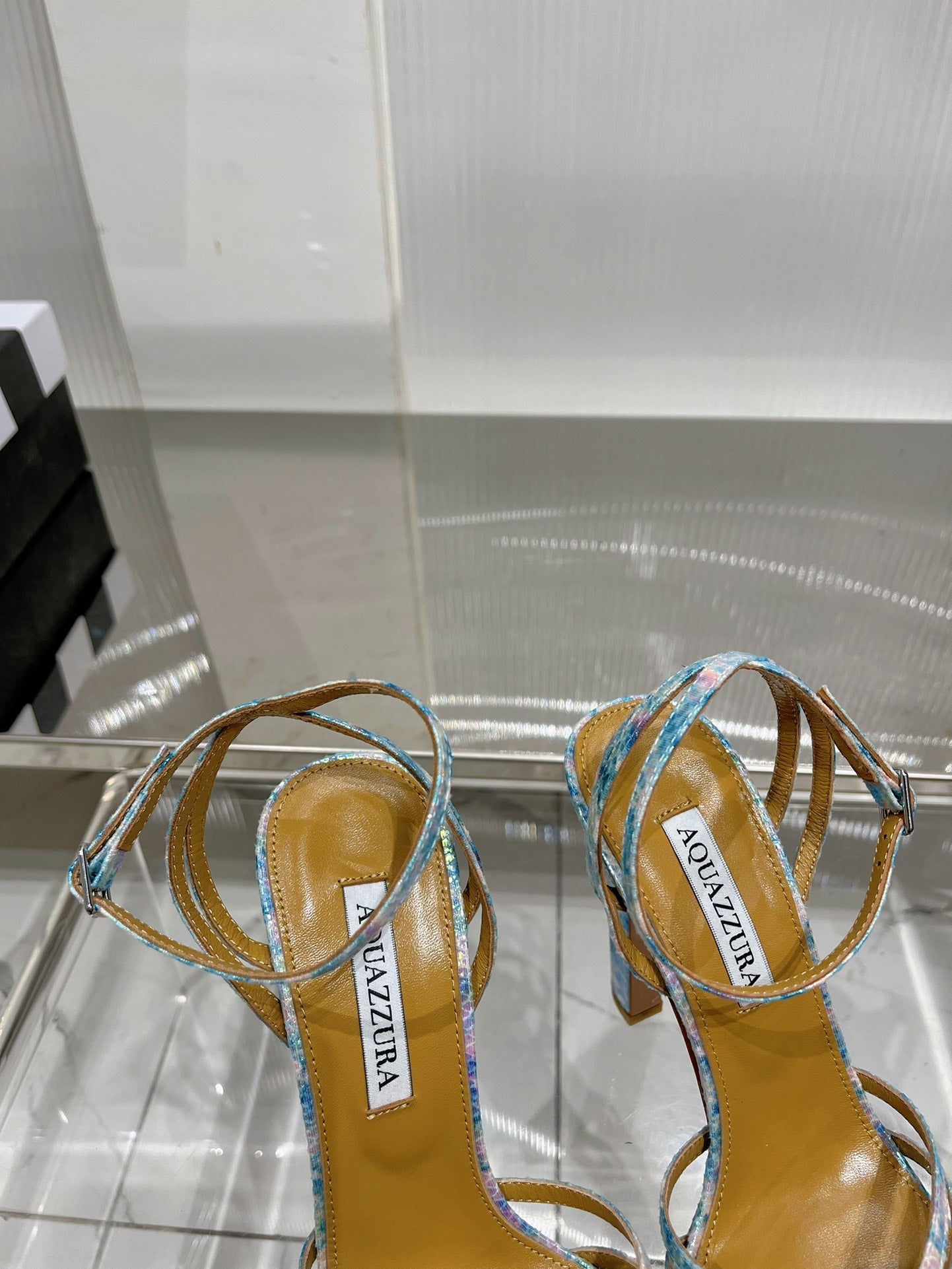 AQUAZZURA 26S HEELED SANDALS 130 MM IN MULTICOLOR BLUE SNAKE-EMBOSSED LEATHER