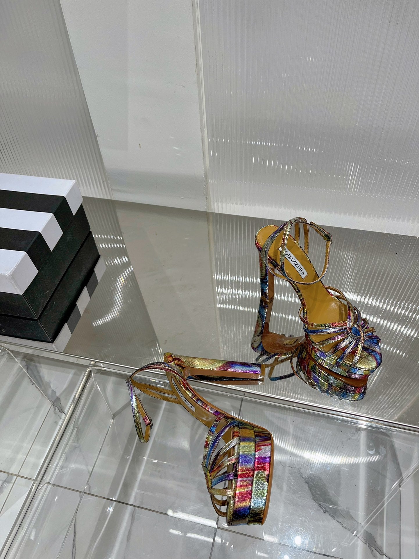 AQUAZZURA 26S HEELED SANDALS 130 MM IN RAINBOW METALLIC SNAKE-EMBOSSED LEATHER
