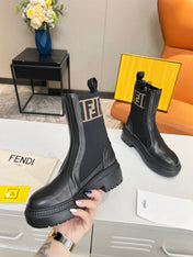 FENDI ROCKOKO BIKER BOOTS IN BLACK CALFSKIN WITH STRETCH FABRIC