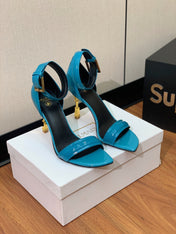 BALMAIN 26S METAL-HEEL SANDALS 105 MM IN CERULEAN BLUE CALFSKIN