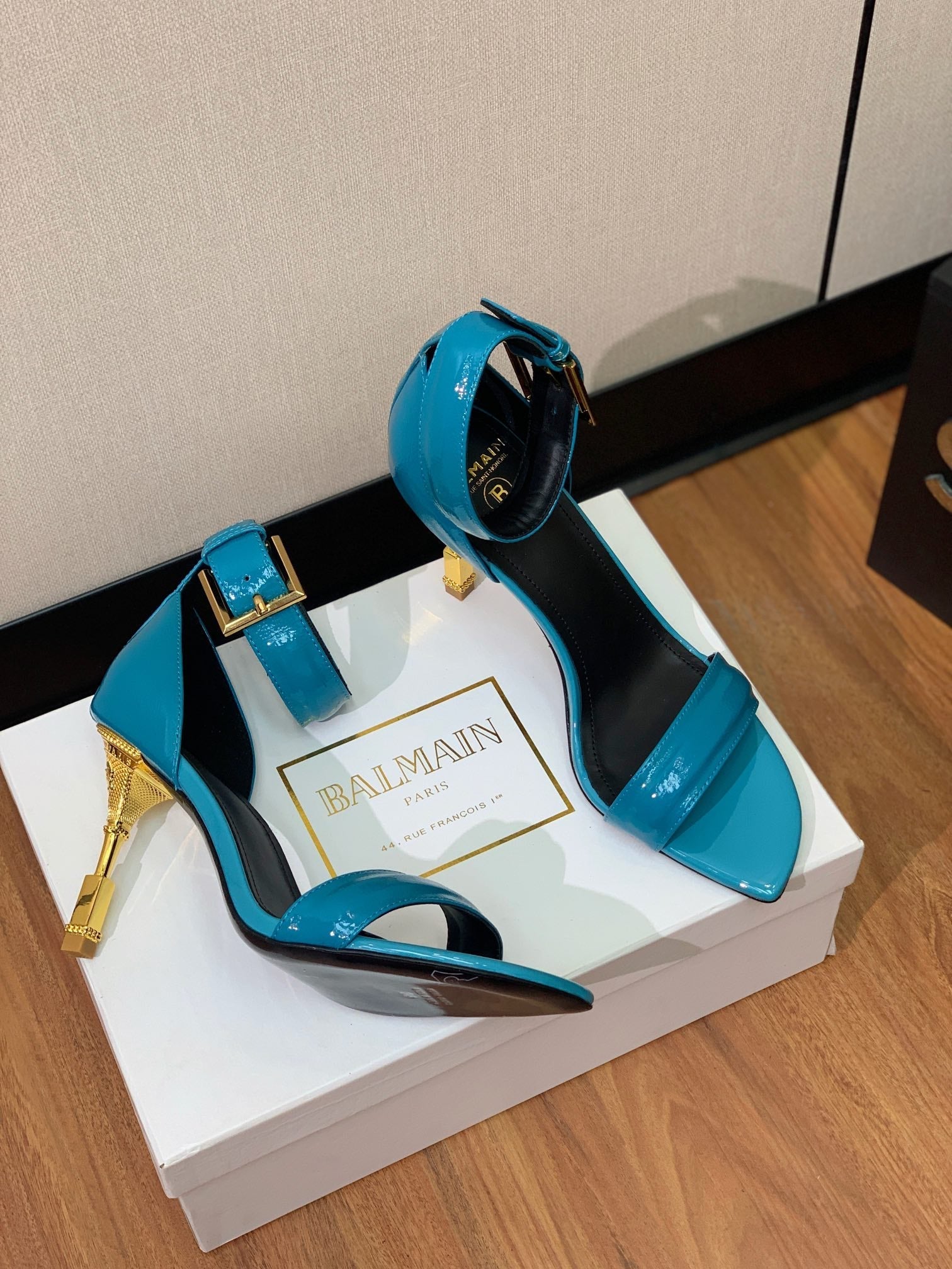 BALMAIN 26S METAL-HEEL SANDALS 105 MM IN CERULEAN BLUE CALFSKIN