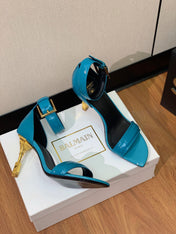 BALMAIN 26S METAL-HEEL SANDALS 105 MM IN CERULEAN BLUE CALFSKIN