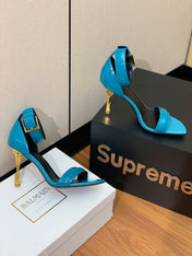 BALMAIN 26S METAL-HEEL SANDALS 105 MM IN CERULEAN BLUE CALFSKIN
