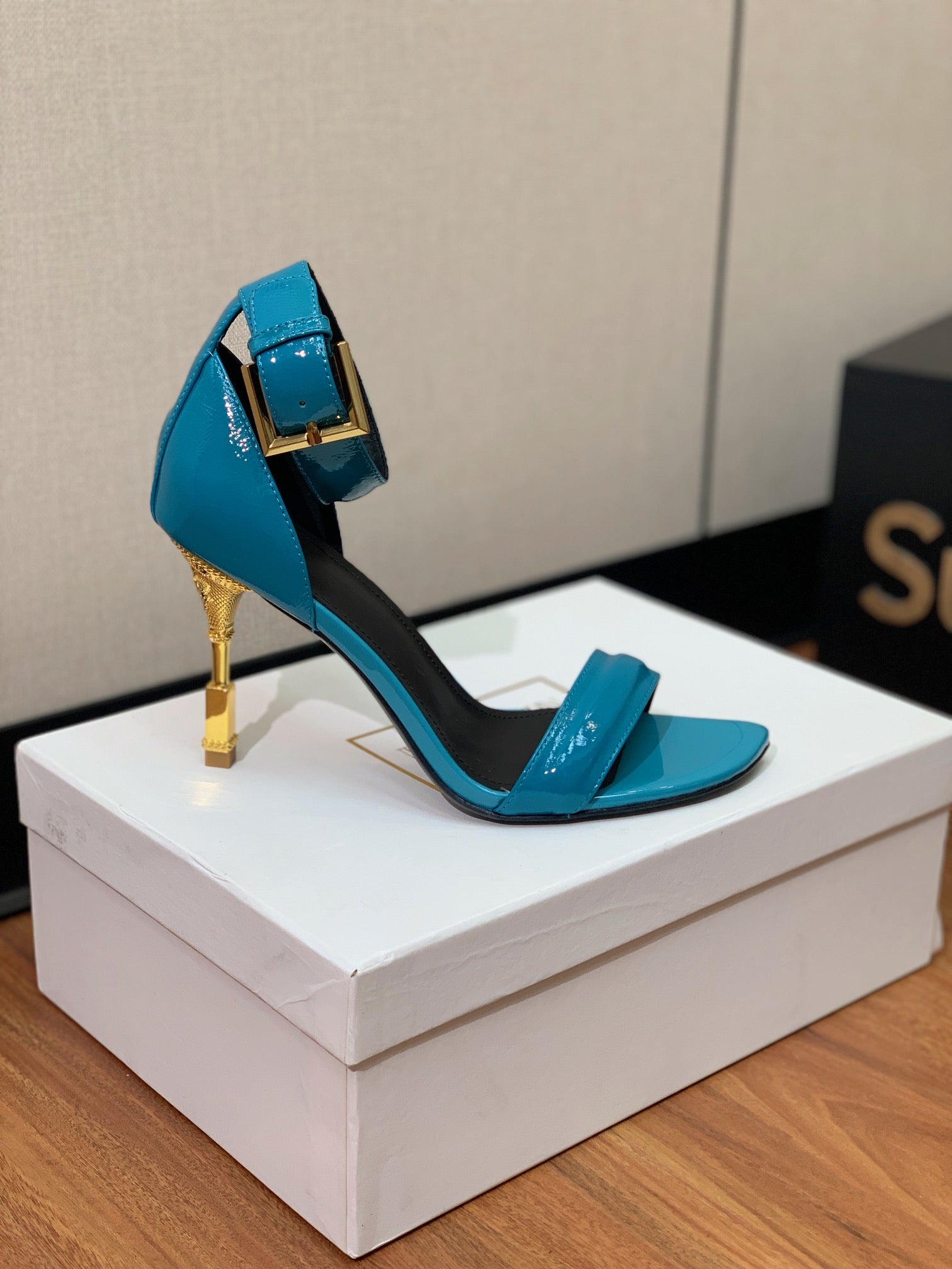 BALMAIN 26S METAL-HEEL SANDALS 105 MM IN CERULEAN BLUE CALFSKIN