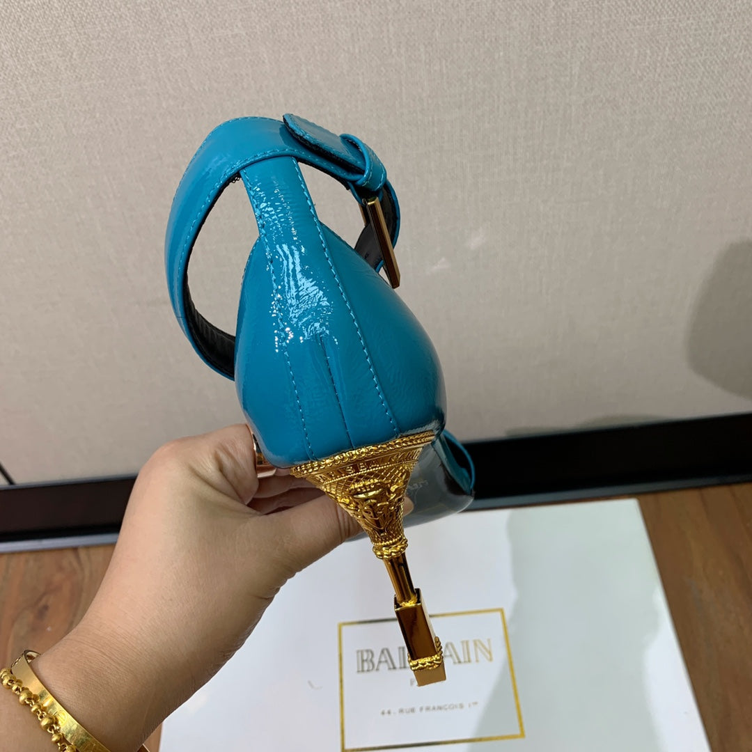 BALMAIN 26S METAL-HEEL SANDALS 105 MM IN CERULEAN BLUE CALFSKIN