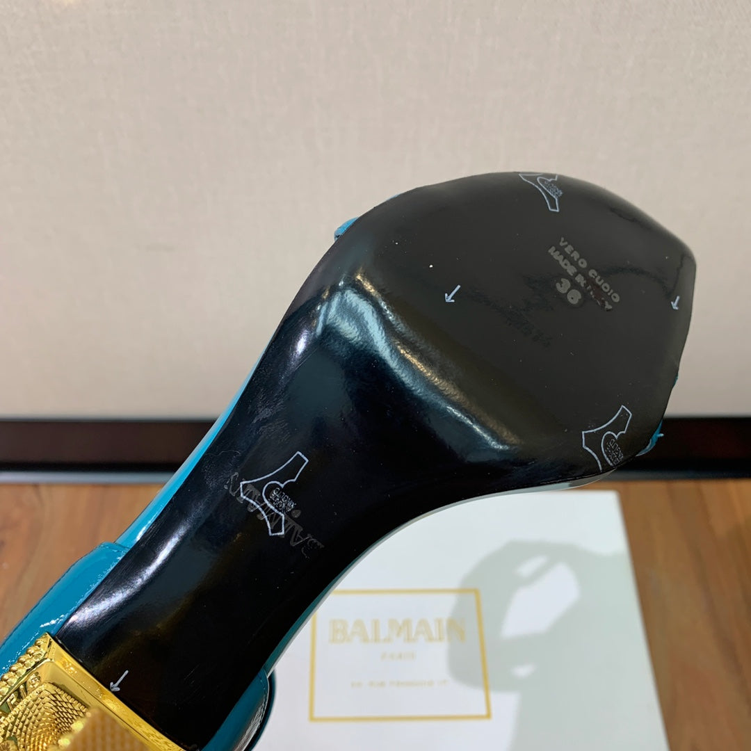 BALMAIN 26S METAL-HEEL SANDALS 105 MM IN CERULEAN BLUE CALFSKIN