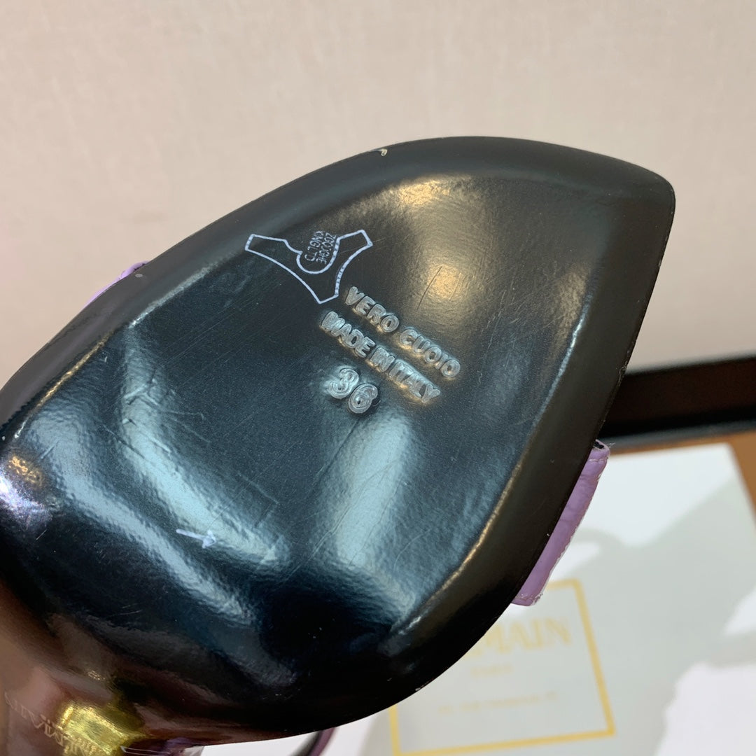 BALMAIN 26S METAL-HEEL SANDALS 105 MM IN PURPLE CALFSKIN