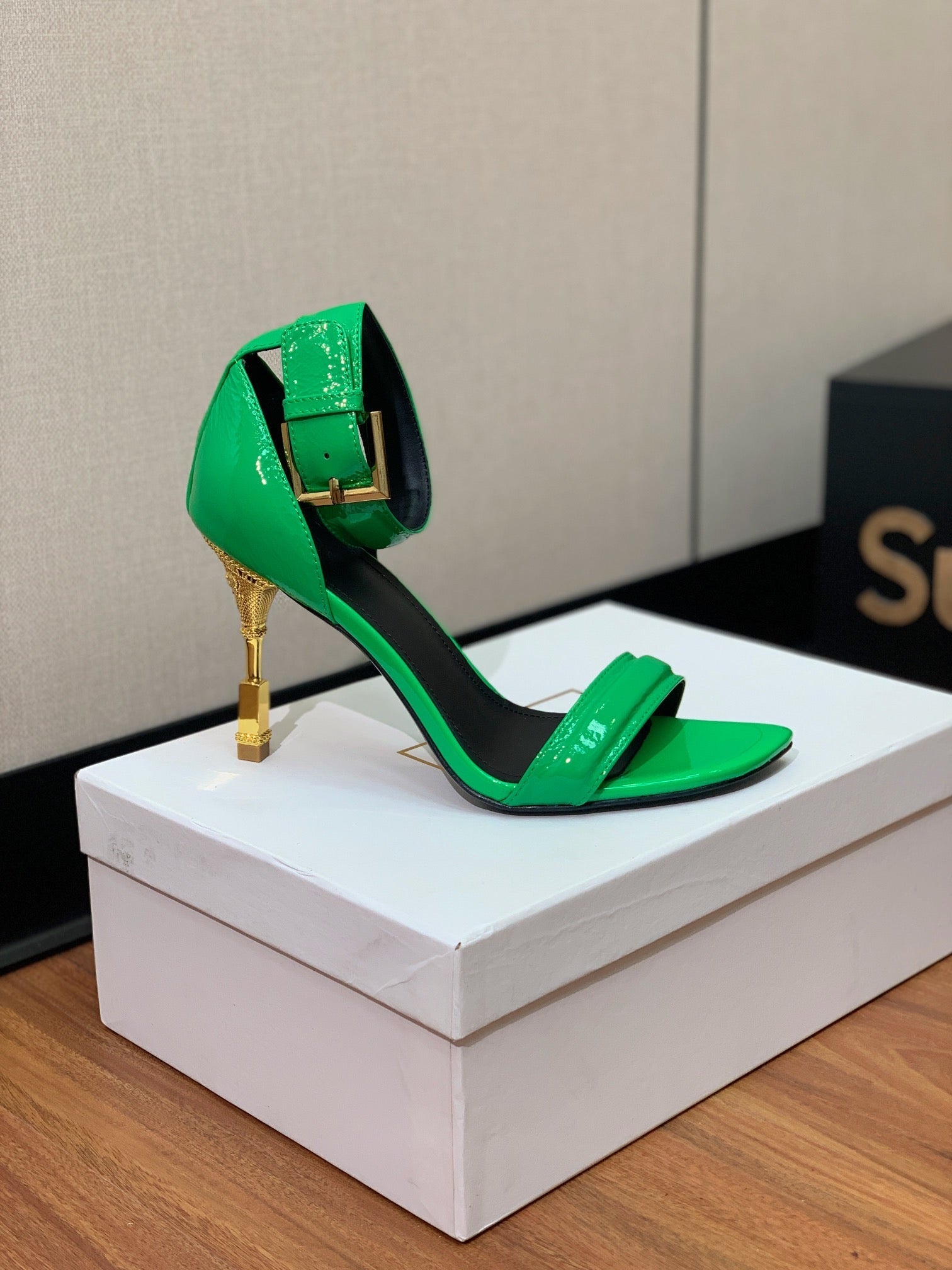 BALMAIN 26S METAL-HEEL SANDALS 105 MM IN GREEN CALFSKIN