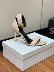 BALMAIN 25S SQUARE STRAP HIGH HEELS 100MM IN BEIGE PATENT CALFSKIN
