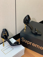 BALMAIN 25S SQUARE STRAP HIGH HEELS 100MM IN BLACK PATENT CALFSKIN
