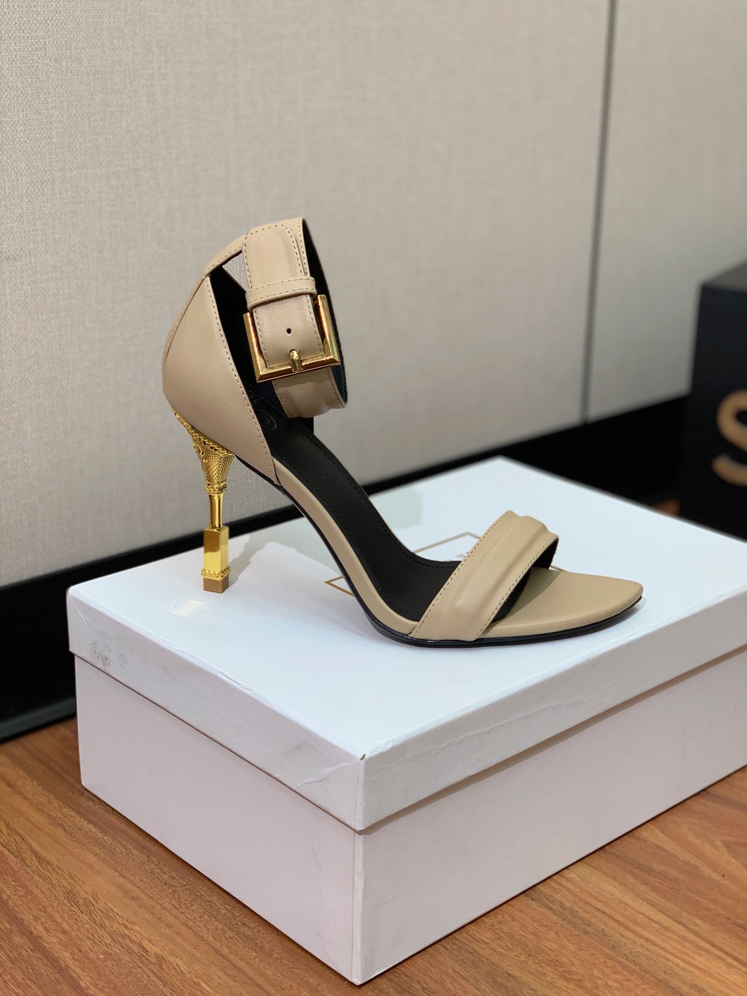 BALMAIN 26S METAL-HEEL SANDALS 105 MM IN DARK BEIGE CALFSKIN