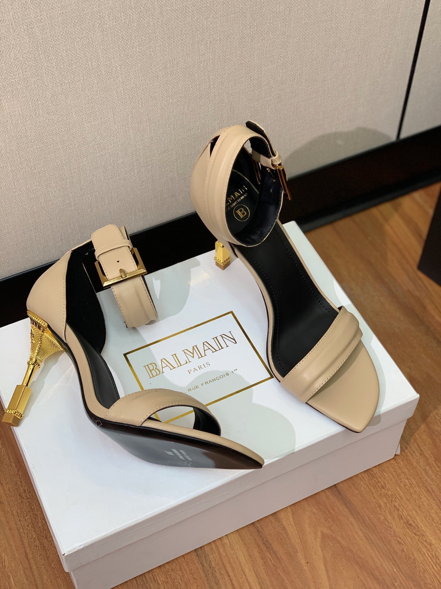 BALMAIN 26S METAL-HEEL SANDALS 105 MM IN DARK BEIGE CALFSKIN