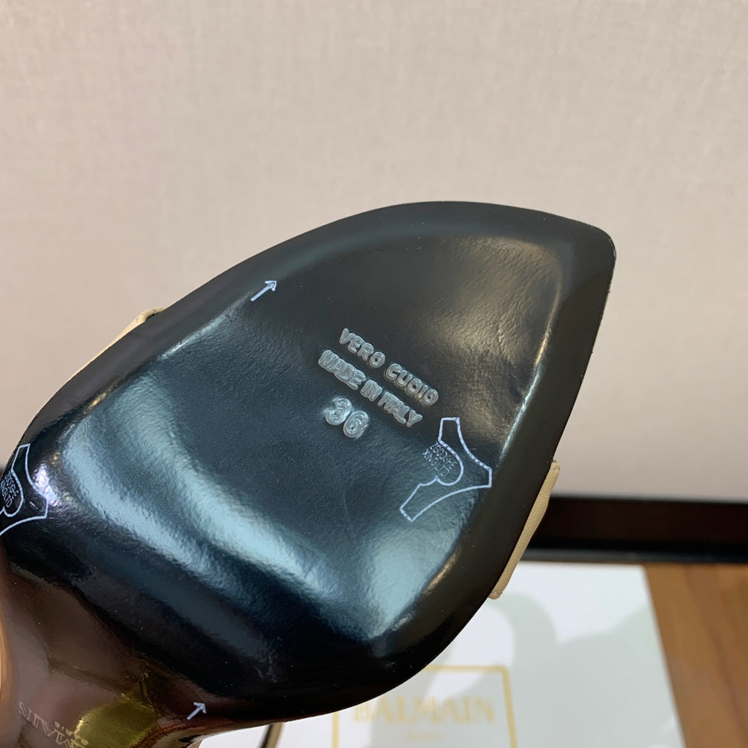 BALMAIN 26S METAL-HEEL SANDALS 105 MM IN DARK BEIGE CALFSKIN