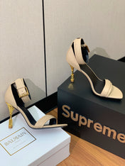 BALMAIN 26S METAL-HEEL SANDALS 105 MM IN DARK BEIGE CALFSKIN