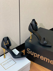 BALMAIN 25S SQUARE STRAP HIGH HEELS 100MM IN BLACK CALFSKIN