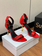 BALMAIN 25S SQUARE STRAP HIGH HEELS 100MM IN RED PATENT CALFSKIN