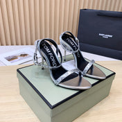 CRYSTAL PADLOCK HIGH HEEL 10 CM SANDAL IN SILVER SHEEPSKIN