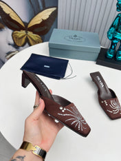 PRADA 26S MULE 40MM IN DARK BROWN SATIN CRYSTAL EMBELLISHED