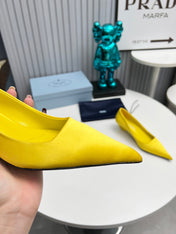 PRADA 26S POINTED TOE PUMPS 40MM IN YELLOW SATIN