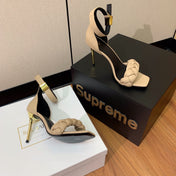 BALMAIN 25S ANKLE STRAP HIGH HEEL 95MM IN BEIGE GRAY CALFSKIN
