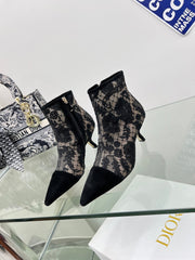 DIOR 25S POINTED-TOE ANKLE BOOTS 50 MM IN BLACK MESH TULLE AND SUEDE