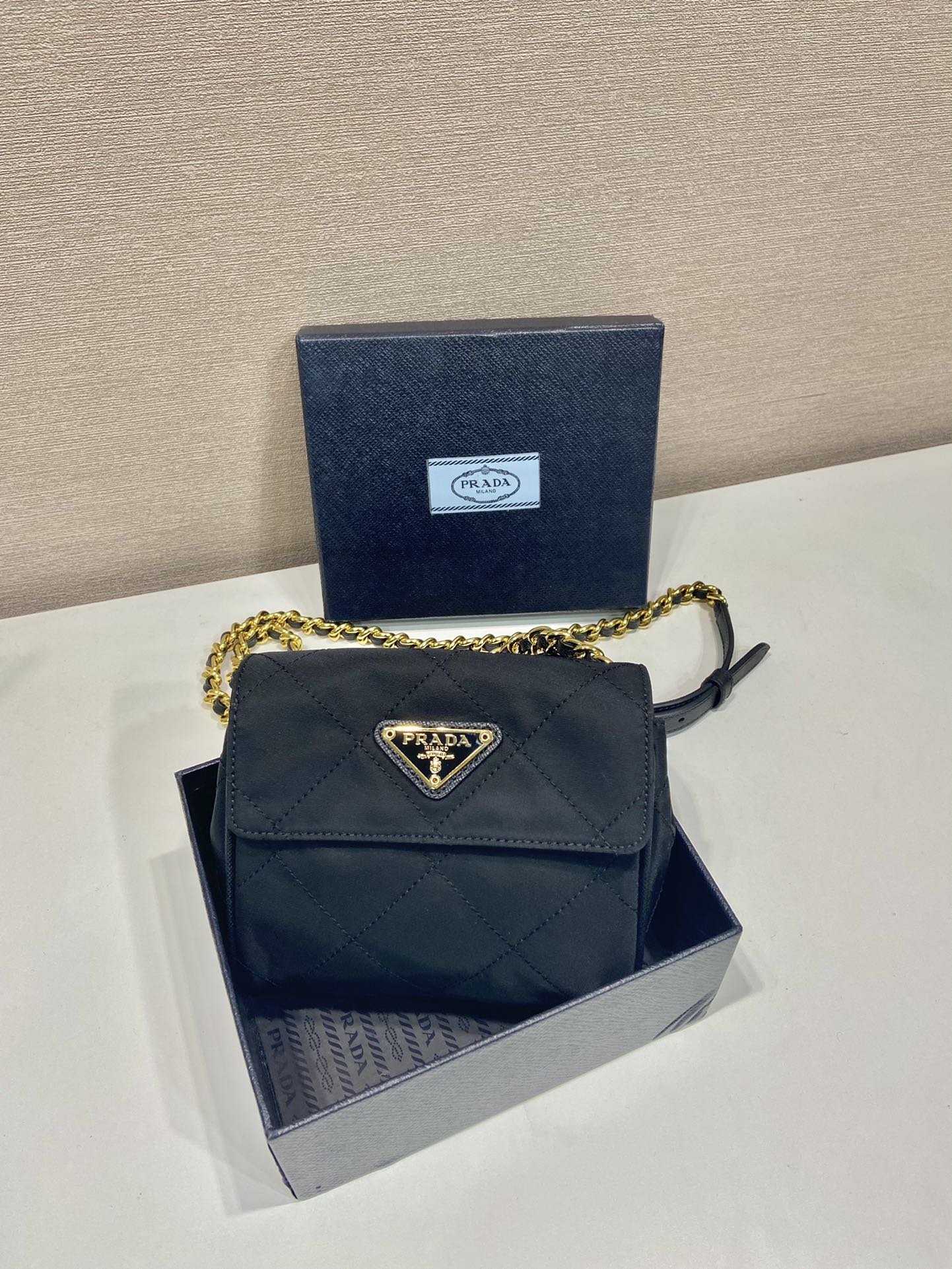 MINI QUILTED FLAP BAG 14 IN BLACK RE-NYLON FABRIC GOLD CHAIN