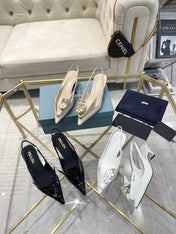 MEDIUM HEEL SLINGBACK ATTACHED CREATIVE FLOWERS IN WHITE PATENT CALFSKIN