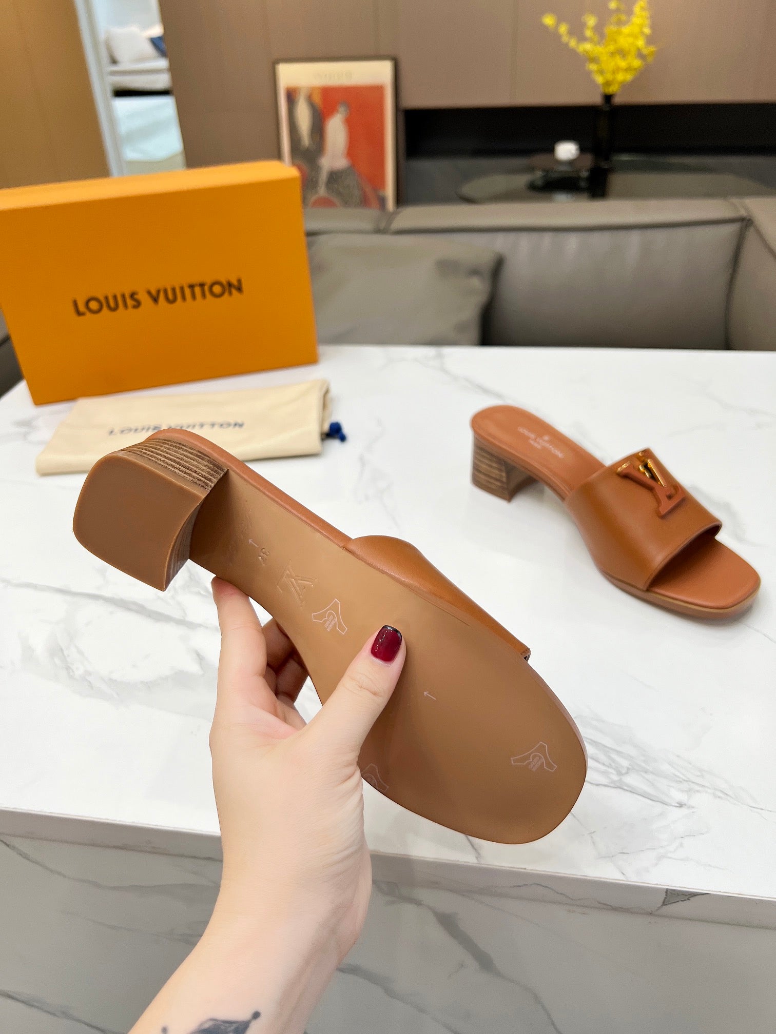 LV 26S CAPRI HIGH-HEELED MULES IN BROWN CALFSKIN