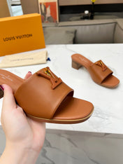 LV 26S CAPRI HIGH-HEELED MULES IN BROWN CALFSKIN