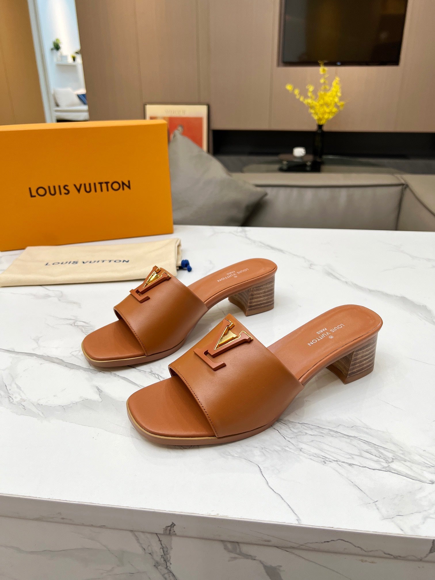 LV 26S CAPRI HIGH-HEELED MULES IN BROWN CALFSKIN