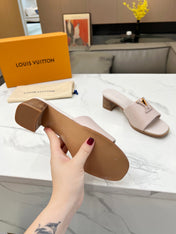LV 26S CAPRI HIGH-HEELED MULES IN DARK BEIGE CALFSKIN