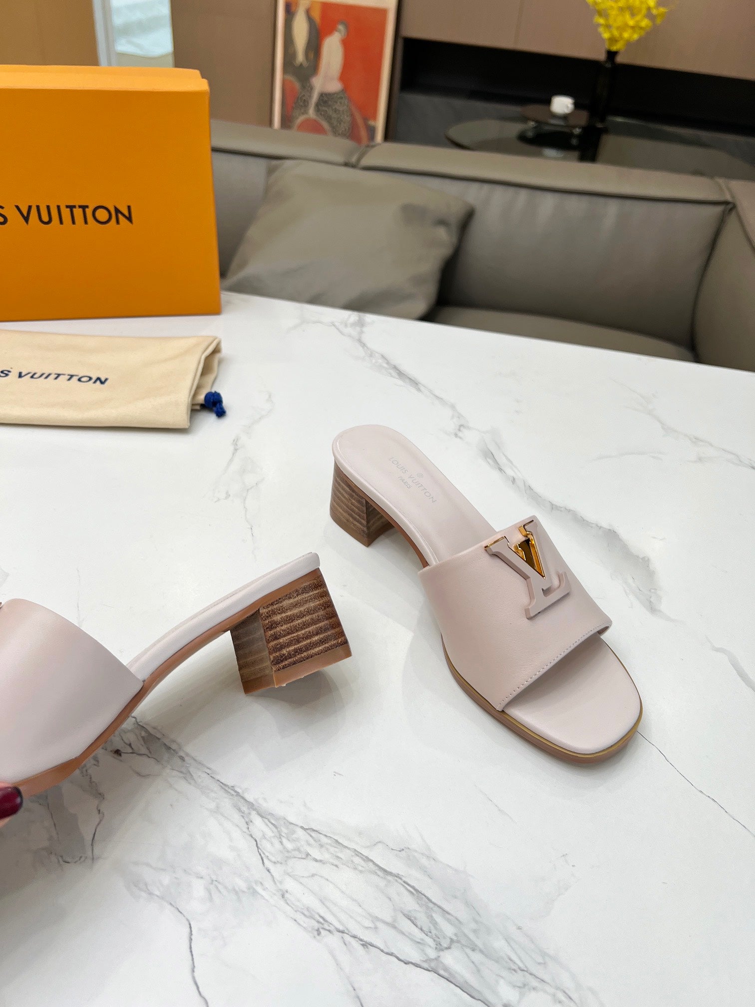 LV 26S CAPRI HIGH-HEELED MULES IN DARK BEIGE CALFSKIN