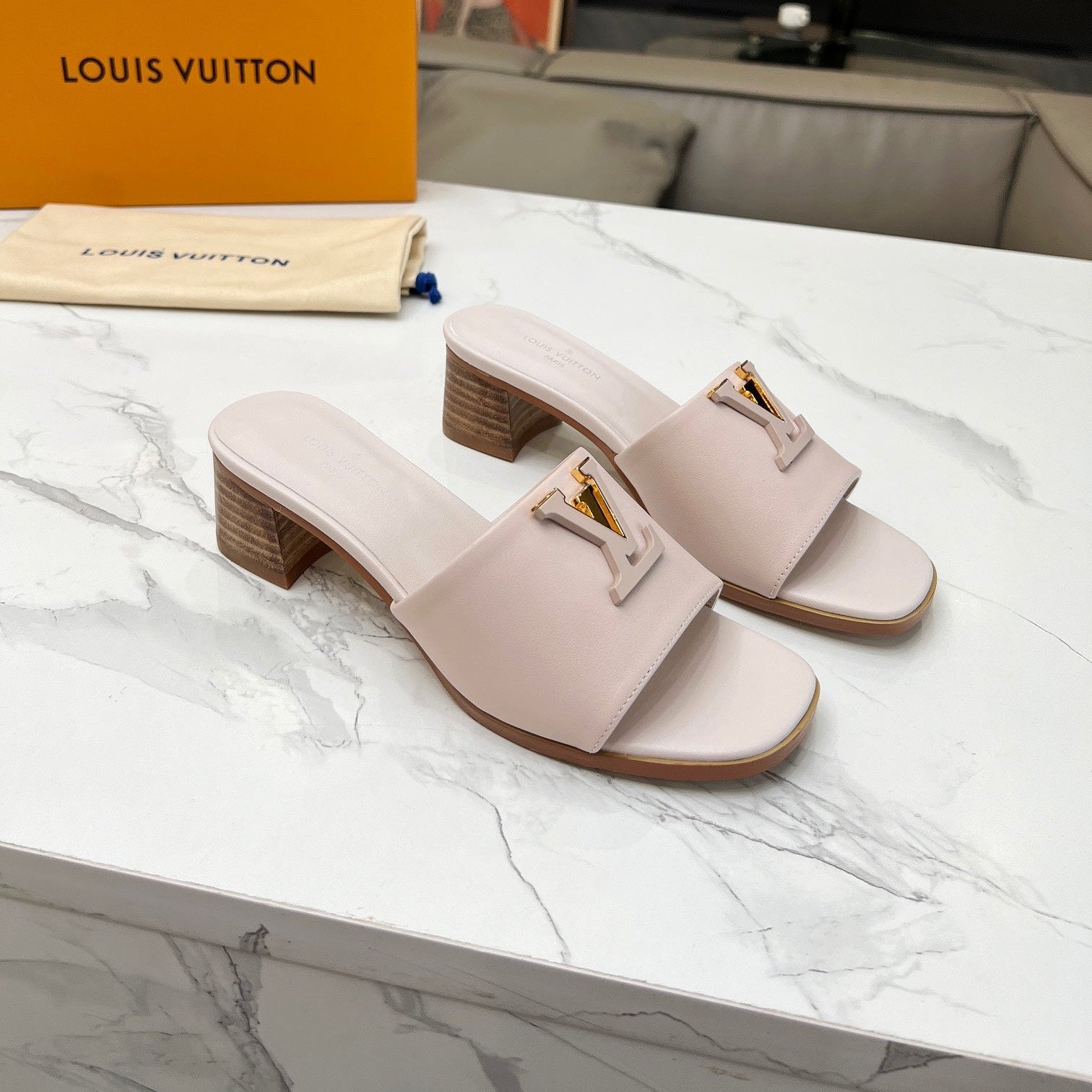 LV 26S CAPRI HIGH-HEELED MULES IN DARK BEIGE CALFSKIN