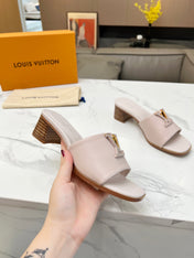 LV 26S CAPRI HIGH-HEELED MULES IN DARK BEIGE CALFSKIN