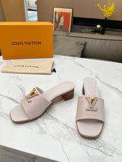 LV 26S CAPRI HIGH-HEELED MULES IN DARK BEIGE CALFSKIN