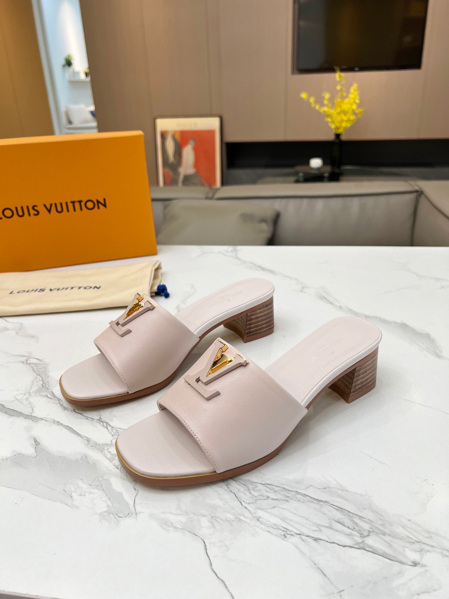 LV 26S CAPRI HIGH-HEELED MULES IN DARK BEIGE CALFSKIN