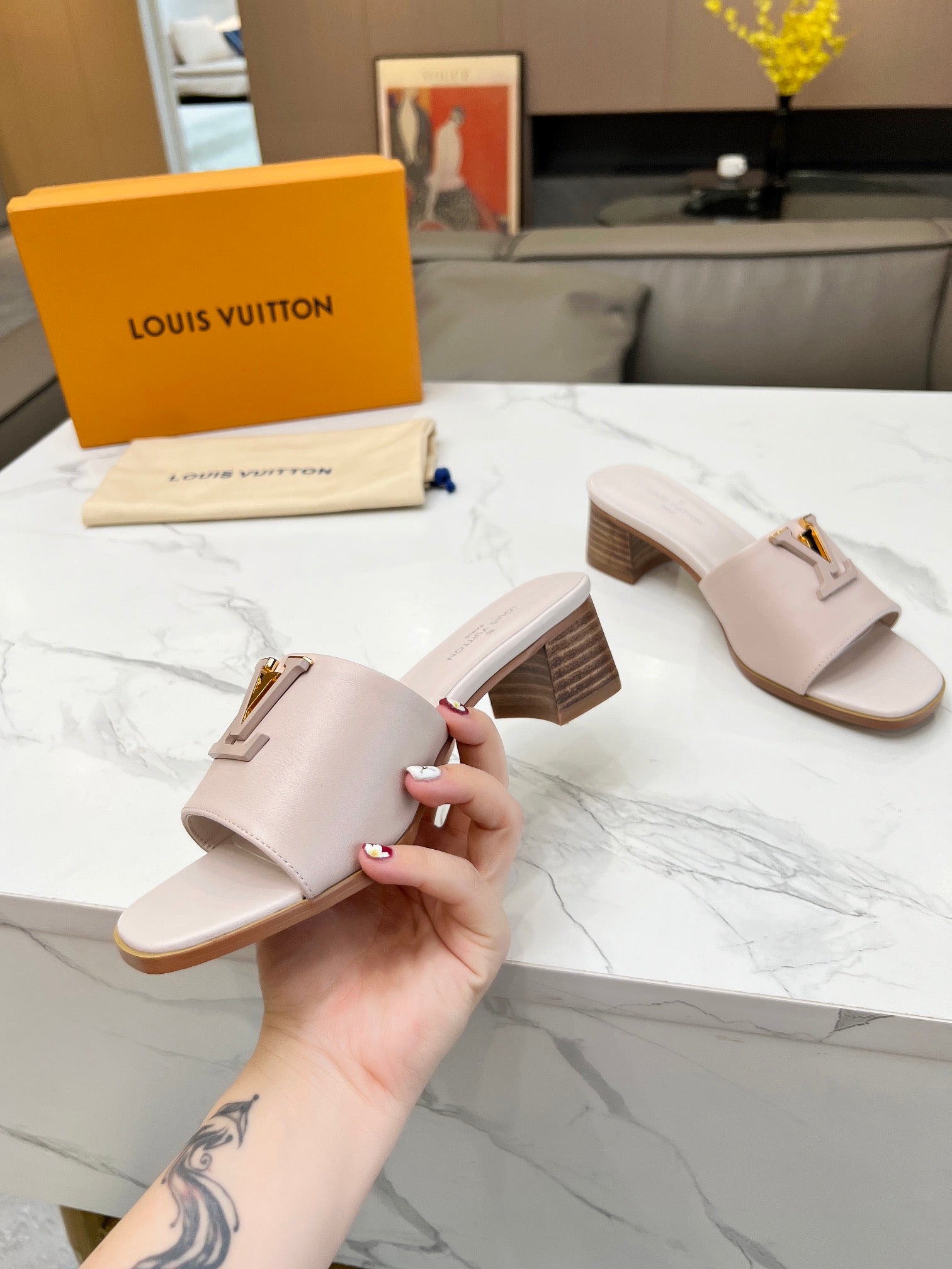 LV 26S CAPRI HIGH-HEELED MULES IN DARK BEIGE CALFSKIN