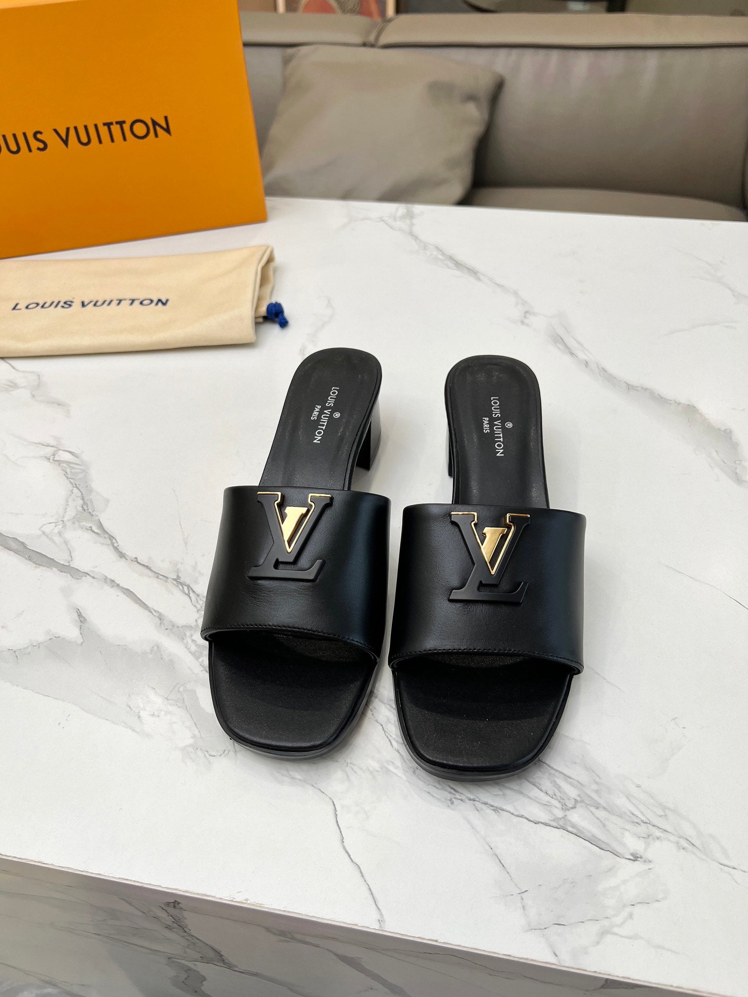 LV 26S CAPRI HIGH-HEELED MULES IN BLACK CALFSKIN