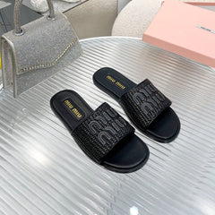 Slippers Black Leather With Sedge Straps