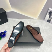 SL SQUARE TOE FLAT MULES BROWN SATIN