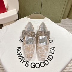 MARY JANES IN BEIGE VELVET WITH CRYSTAL EMBELLISHED STRAP