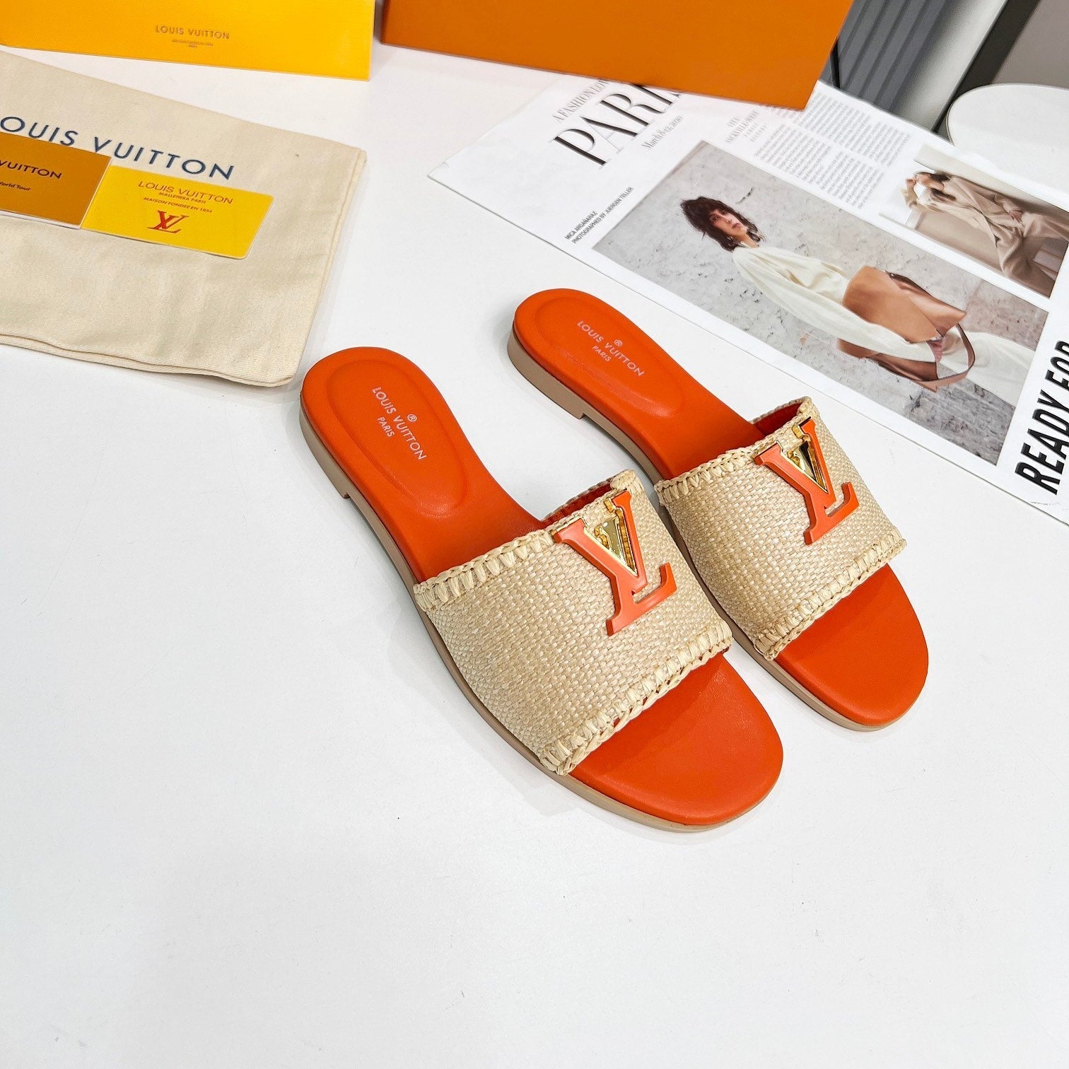 LV 26S FLAT SLIDES IN ORANGE CALFSKIN AND BEIGE RAFFIA