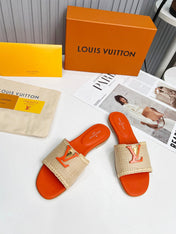 LV 26S FLAT SLIDES IN ORANGE CALFSKIN AND BEIGE RAFFIA