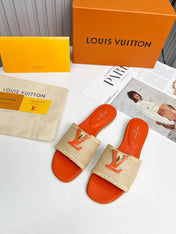 LV 26S FLAT SLIDES IN ORANGE CALFSKIN AND BEIGE RAFFIA