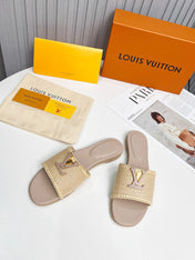 LV 26S FLAT SLIDES IN DARK BEIGE CALFSKIN AND RAFFIA