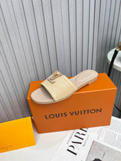 LV 26S FLAT SLIDES IN DARK BEIGE CALFSKIN AND RAFFIA