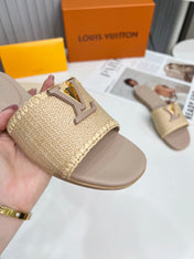 LV 26S FLAT SLIDES IN DARK BEIGE CALFSKIN AND RAFFIA