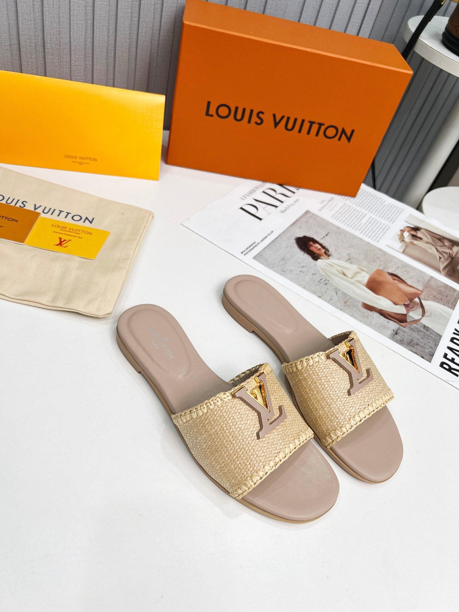 LV 26S FLAT SLIDES IN DARK BEIGE CALFSKIN AND RAFFIA
