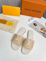 LV 26S FLAT SLIDES IN IVORY BEIGE CALFSKIN AND RAFFIA