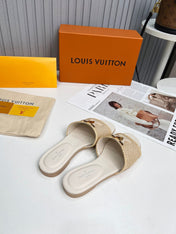 LV 26S FLAT SLIDES IN IVORY BEIGE CALFSKIN AND RAFFIA